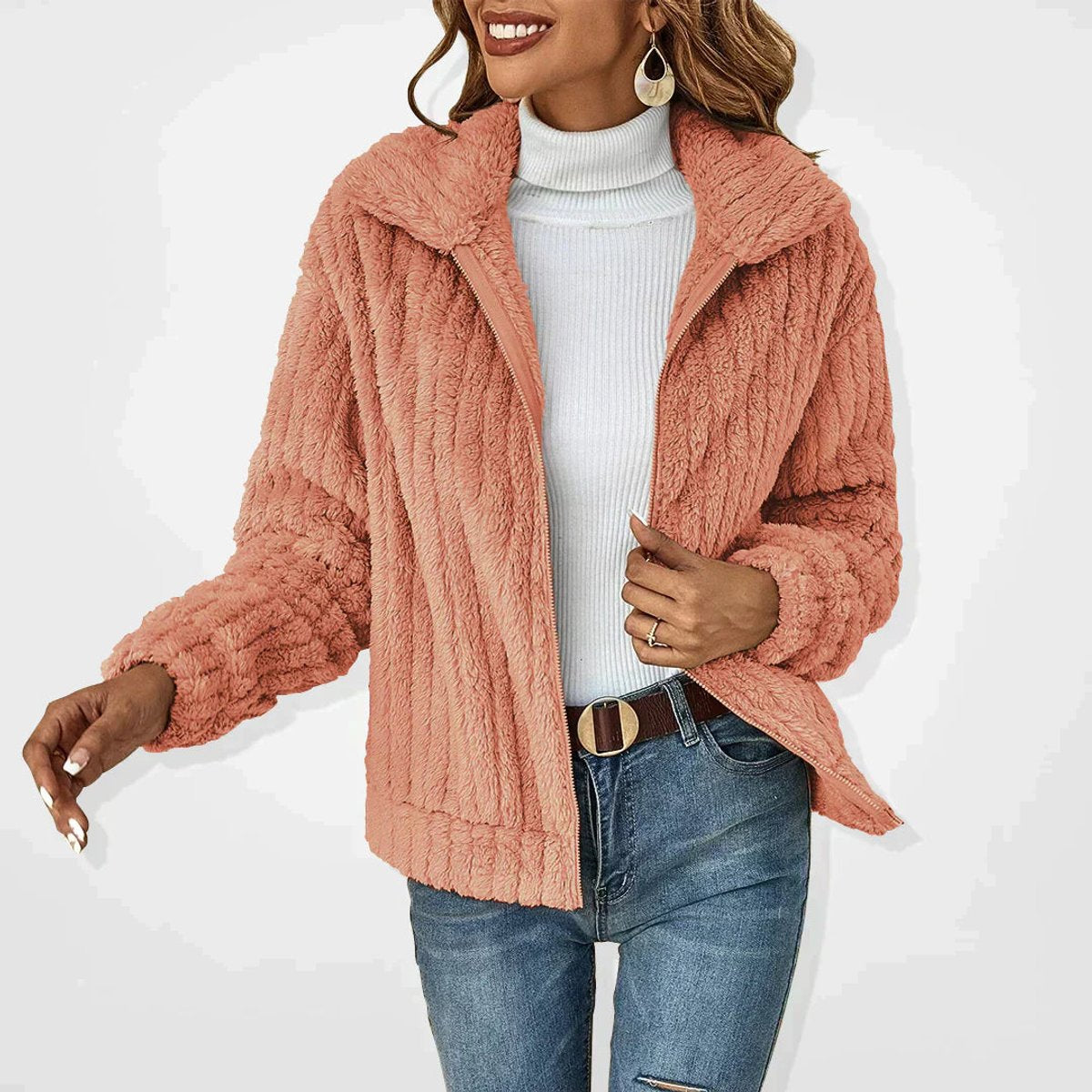 Γυναικεία oversized αφράτη ζακέτα sherpa με φερμουάρ