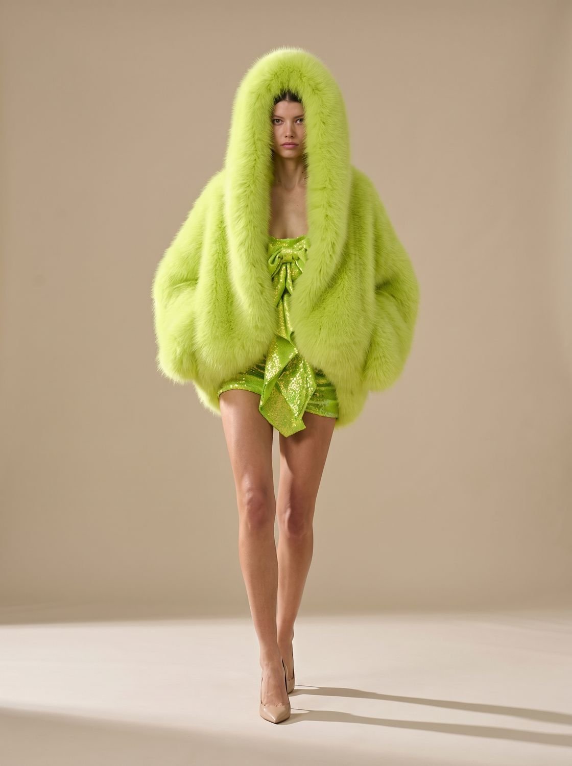 Γυναικείο oversized μακρύ χειμερινό παλτό με κουκούλα, από συνθετική γούνα και μακριά μανίκια