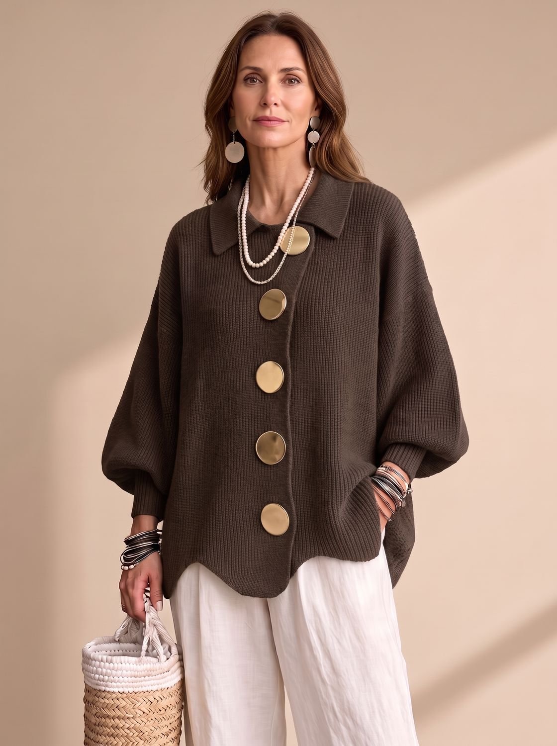 Oversized strikcardigan til kvinder med lanternemønstrede ærmer og guldfarvede knapper