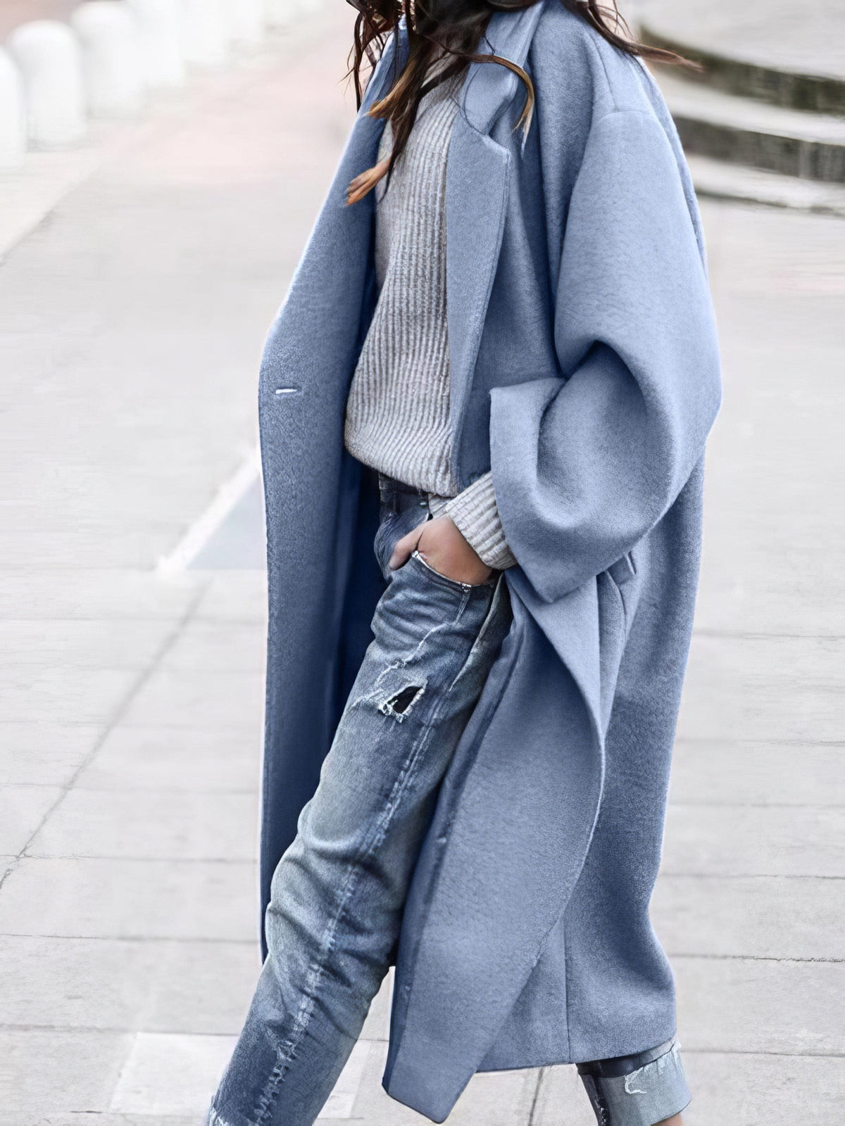 Dámský oversized dlouhý zimní kabát - pohodlný vlněný směsový kabát do chladného počasí