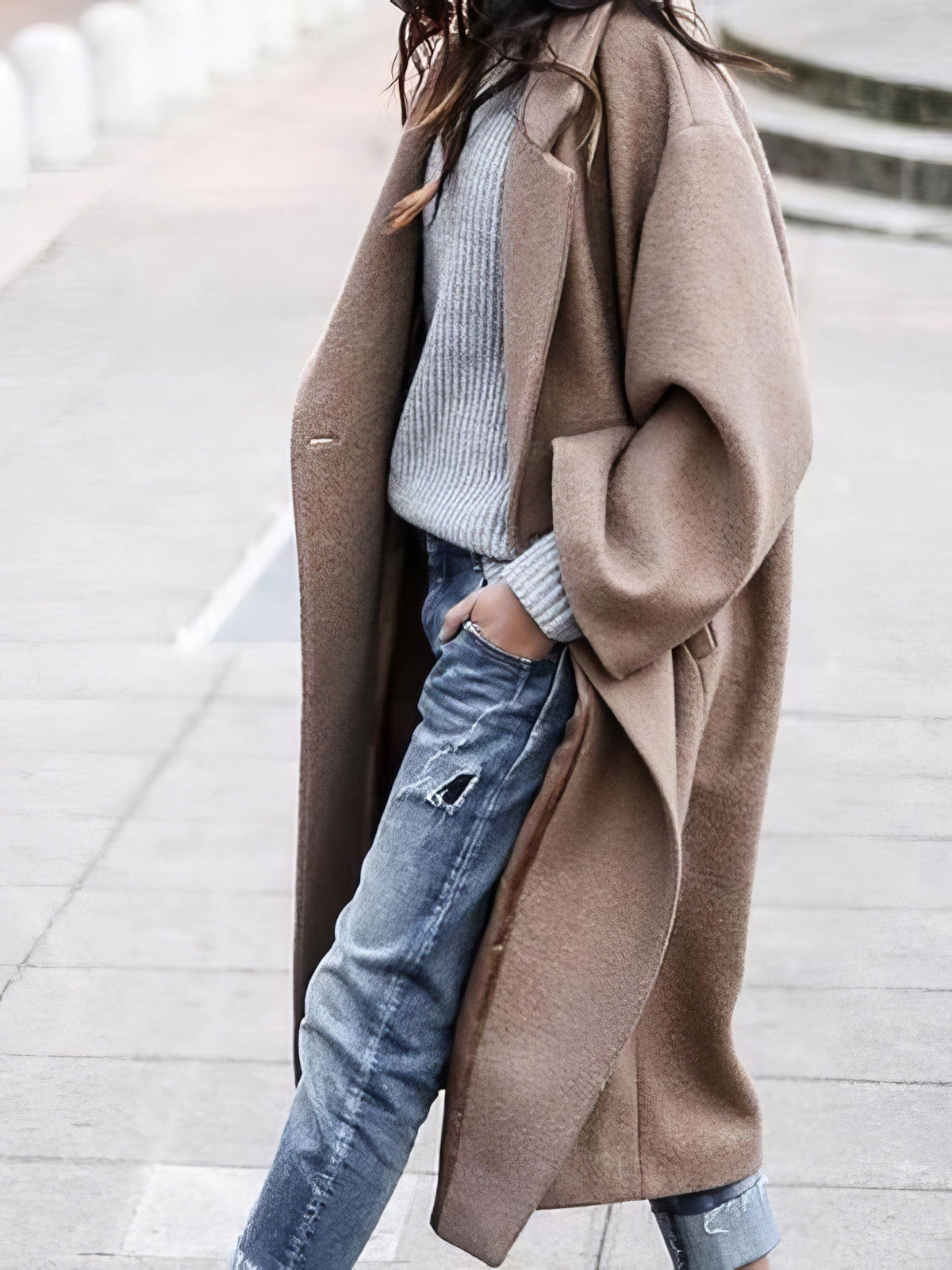 Dámský oversized dlouhý zimní kabát - pohodlný vlněný směsový kabát do chladného počasí