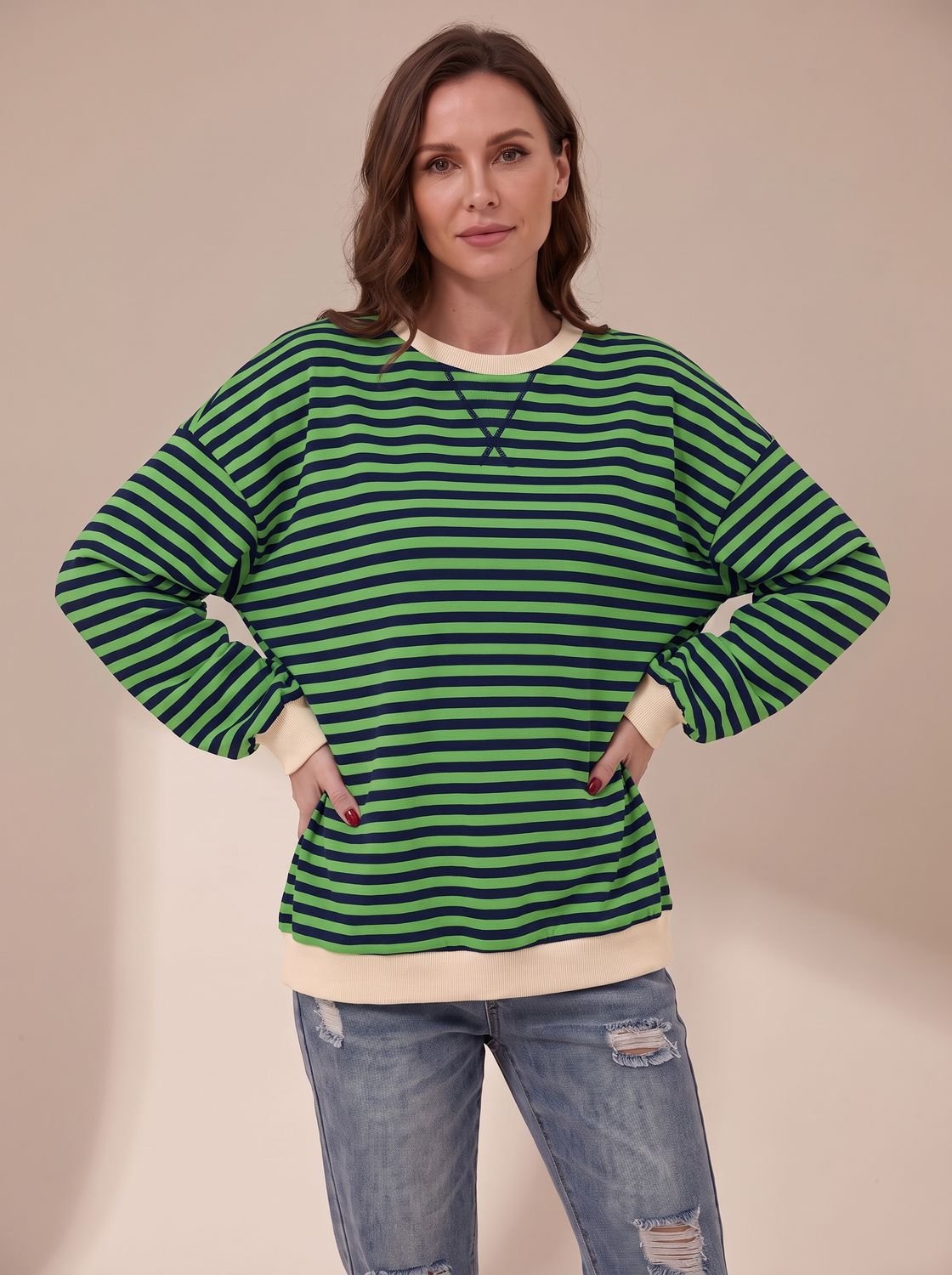 Oversized retro-sweatshirt til kvinder med striber og rund hals