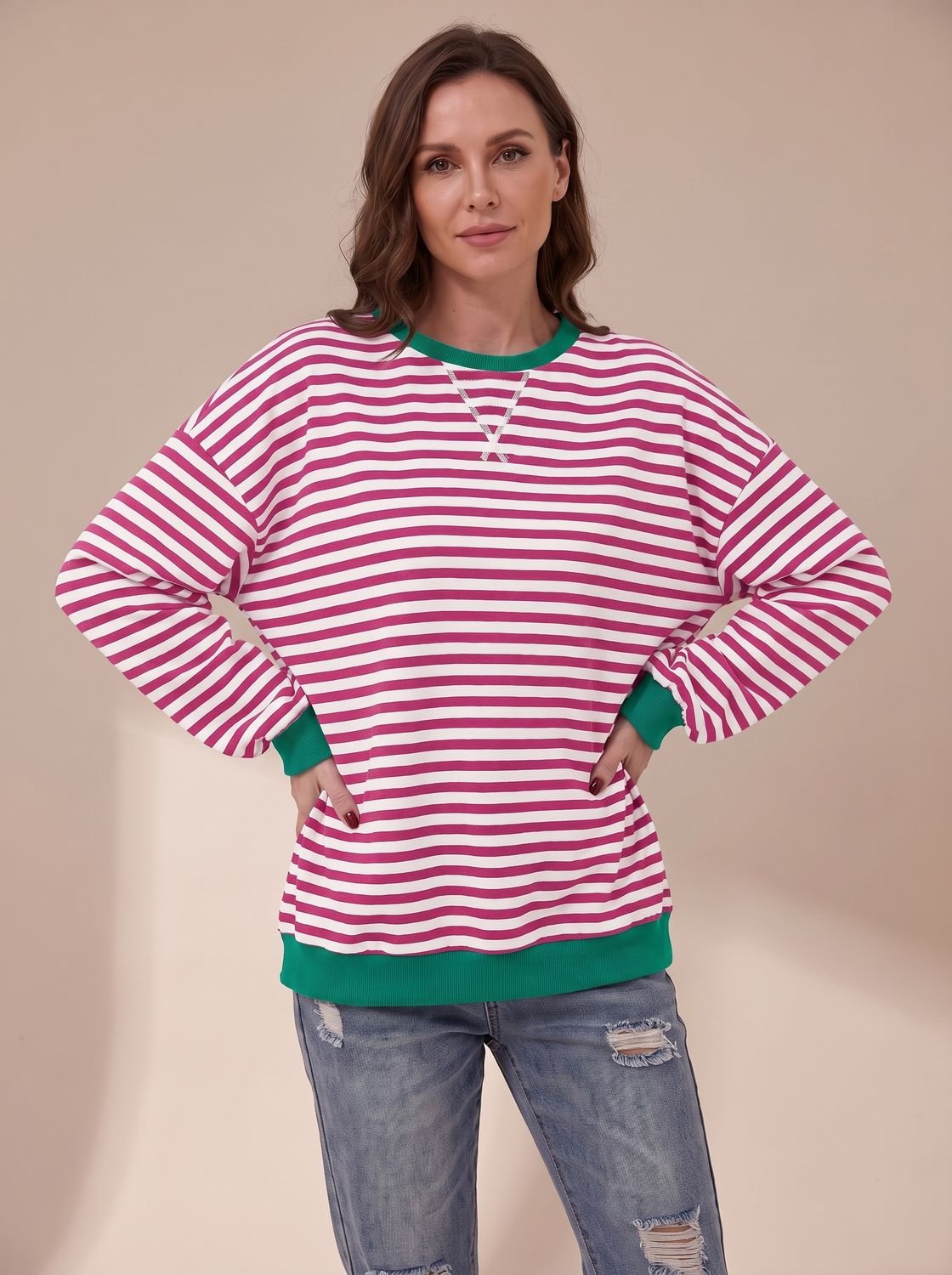 Oversized retro-sweatshirt til kvinder med striber og rund hals