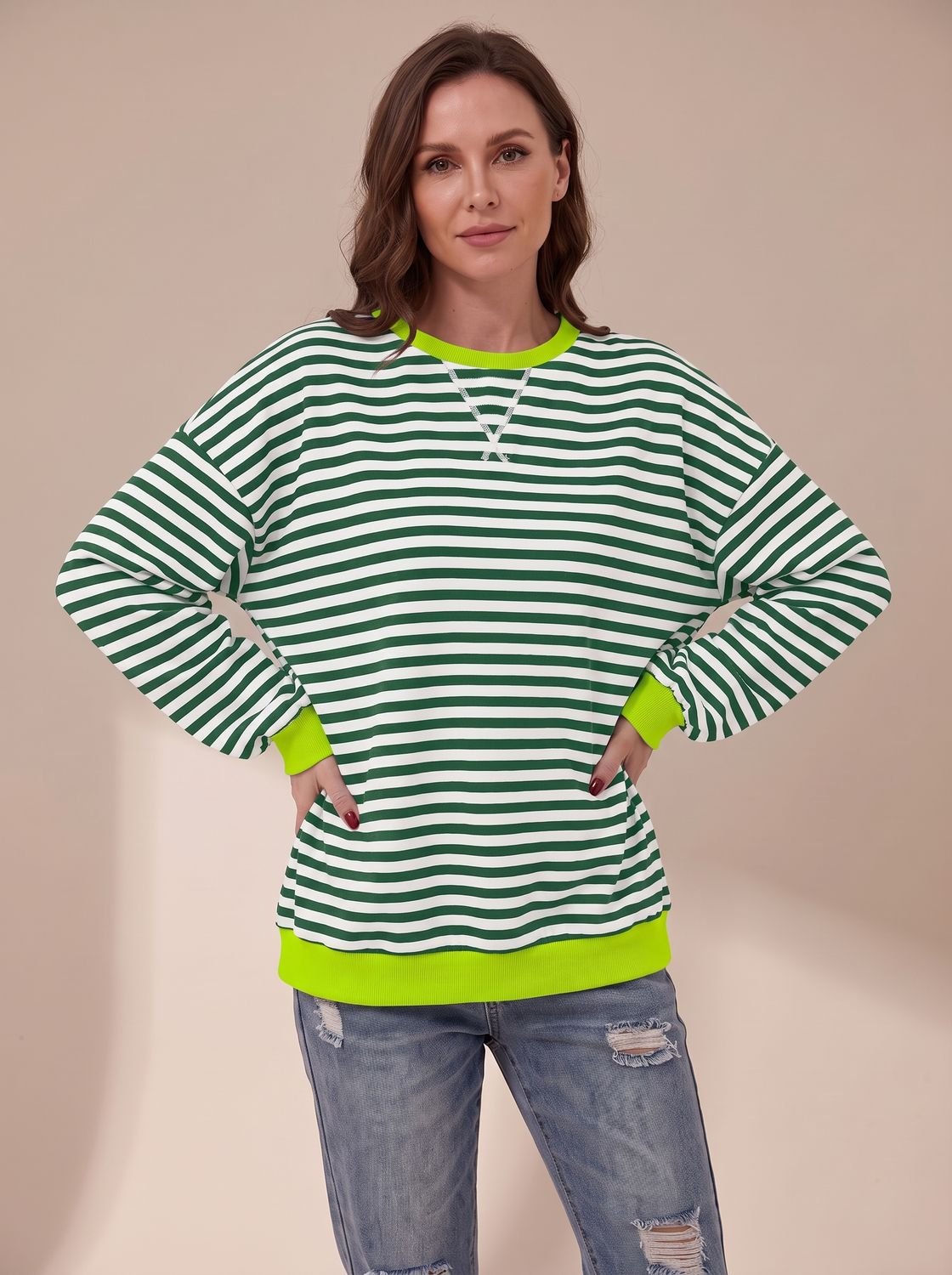 Oversized retro-sweatshirt til kvinder med striber og rund hals