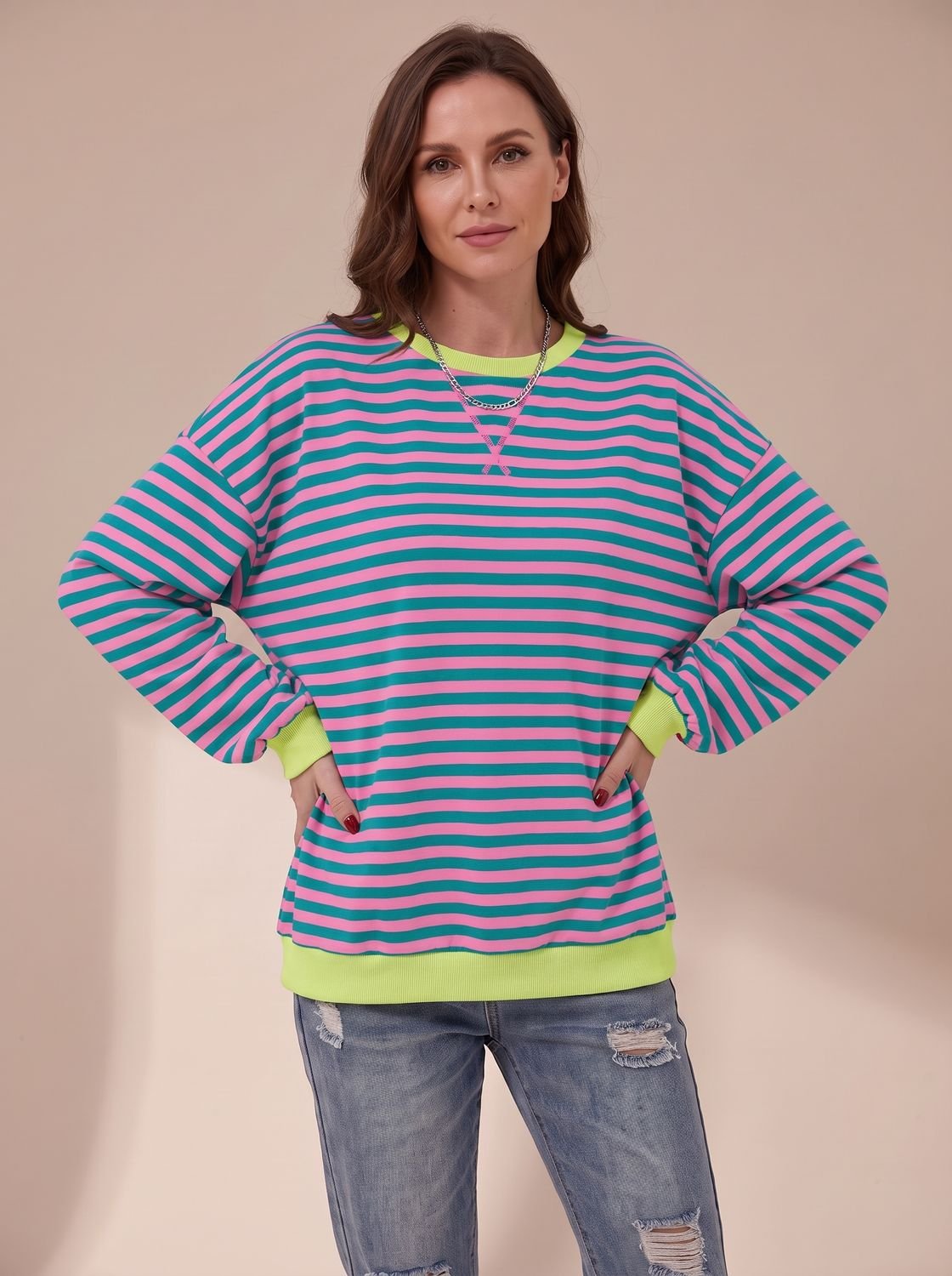 Oversized retro-sweatshirt til kvinder med striber og rund hals