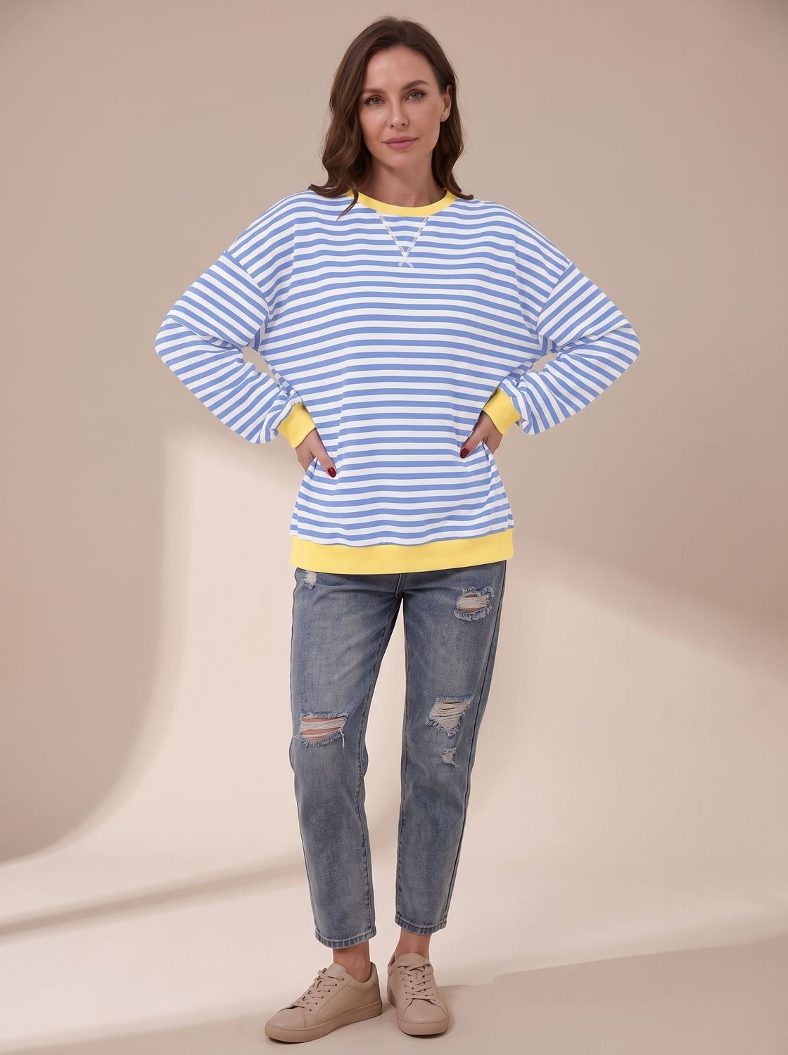 Oversized retro-sweatshirt til kvinder med striber og rund hals