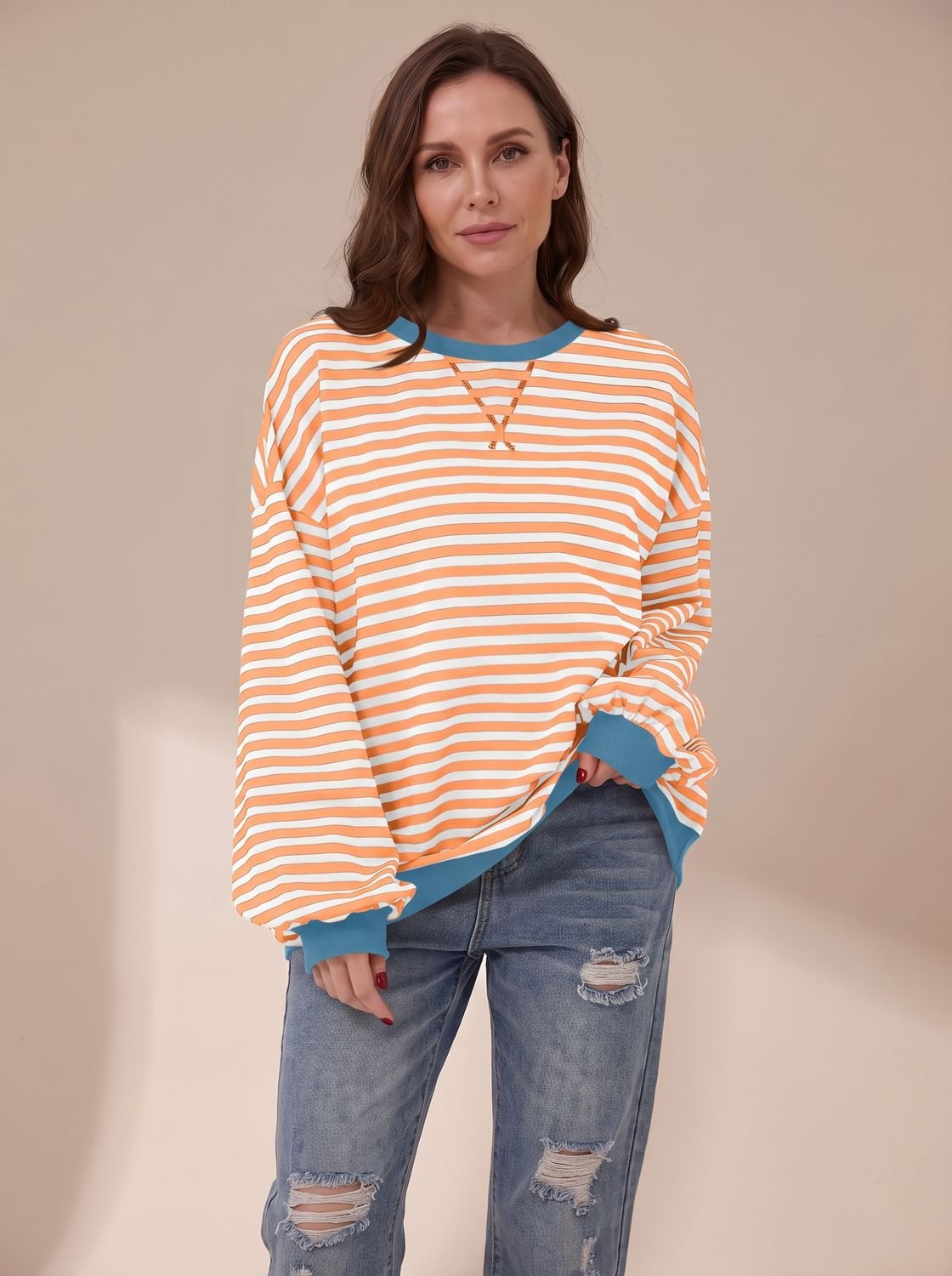 Oversized retro-sweatshirt til kvinder med striber og rund hals
