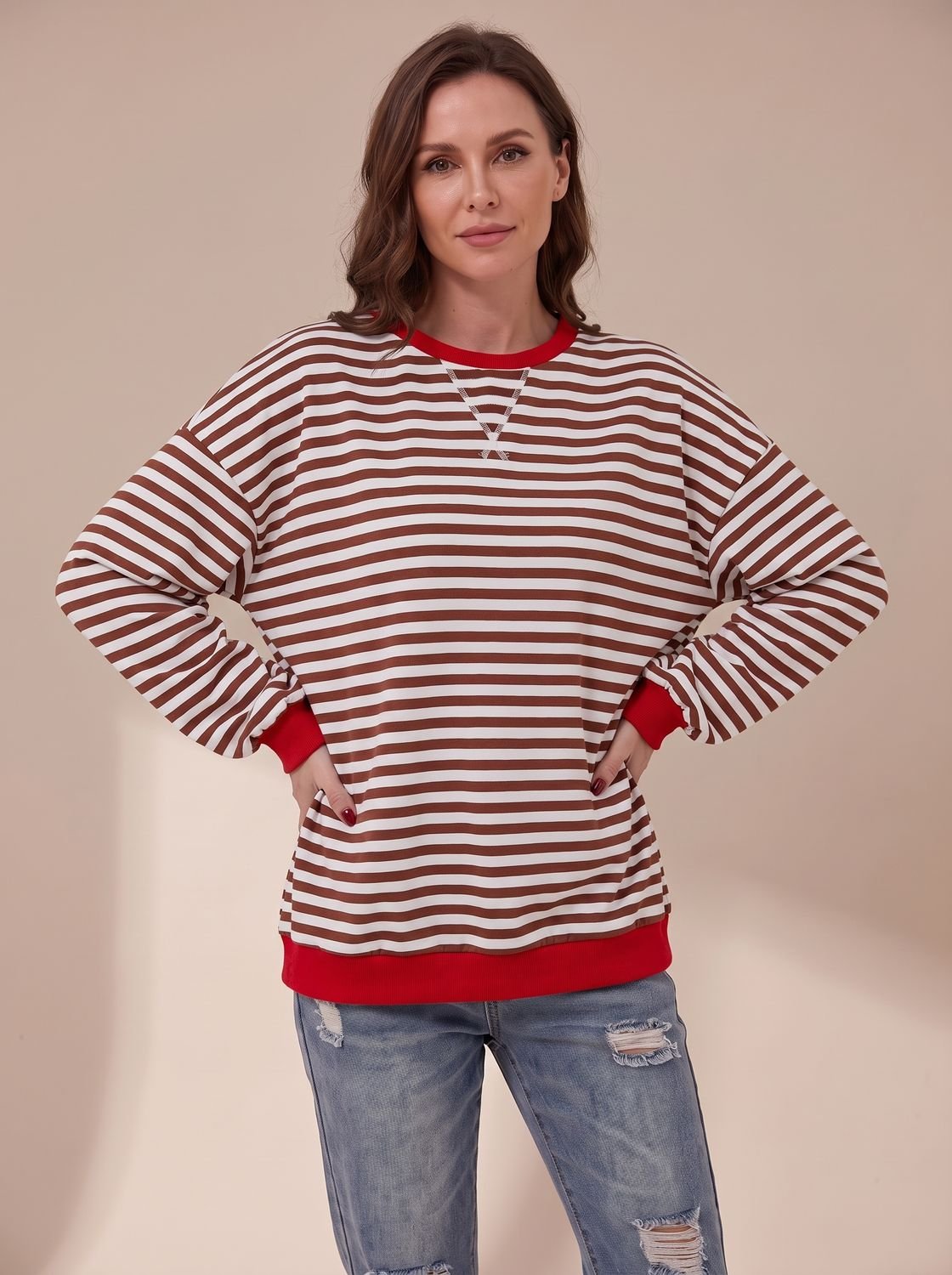 Oversized retro-sweatshirt til kvinder med striber og rund hals