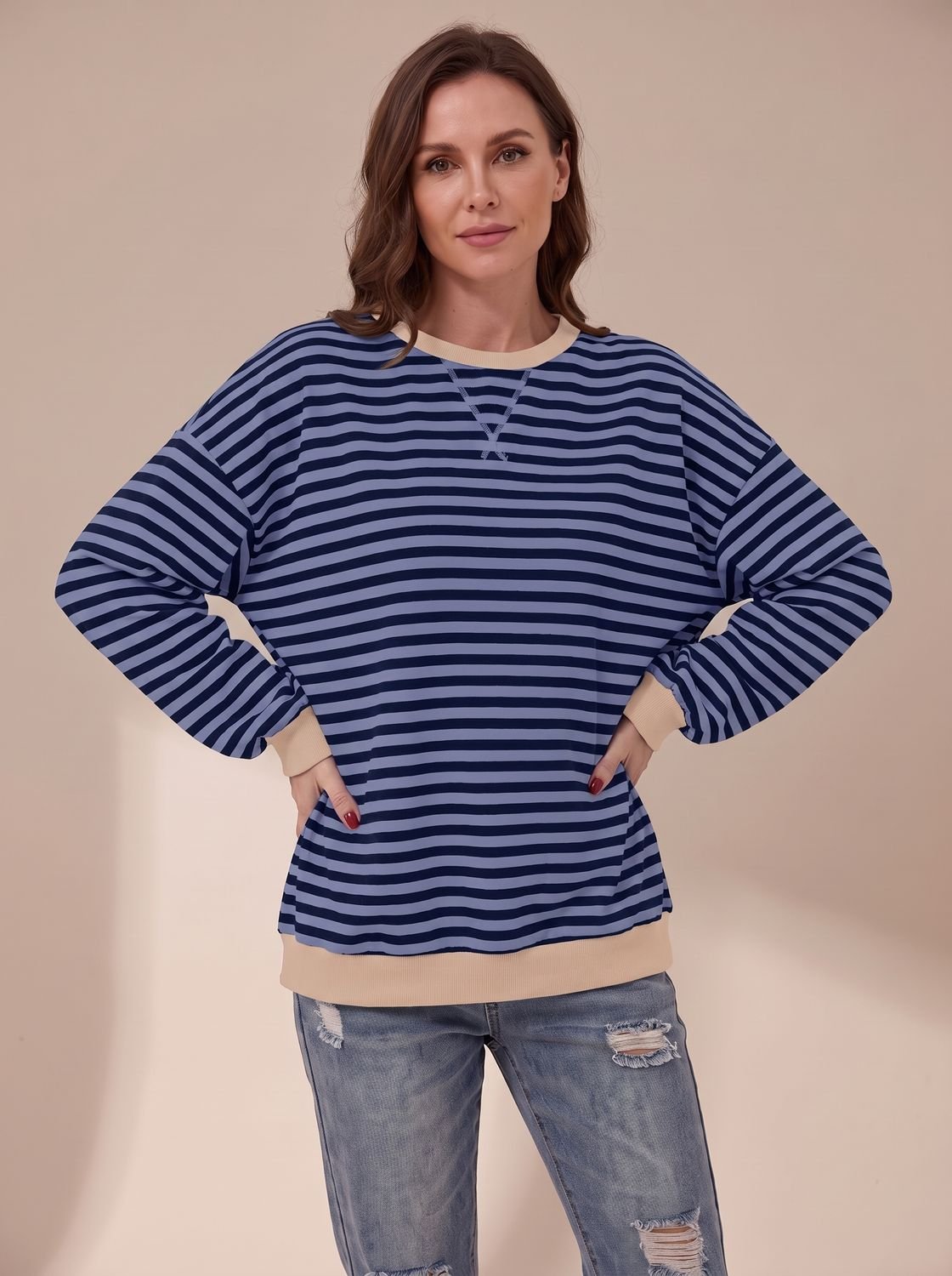Oversized retro-sweatshirt til kvinder med striber og rund hals