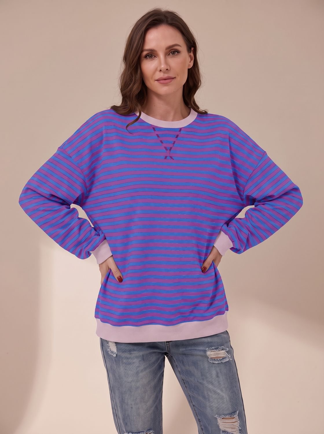 Oversized retro-sweatshirt til kvinder med striber og rund hals