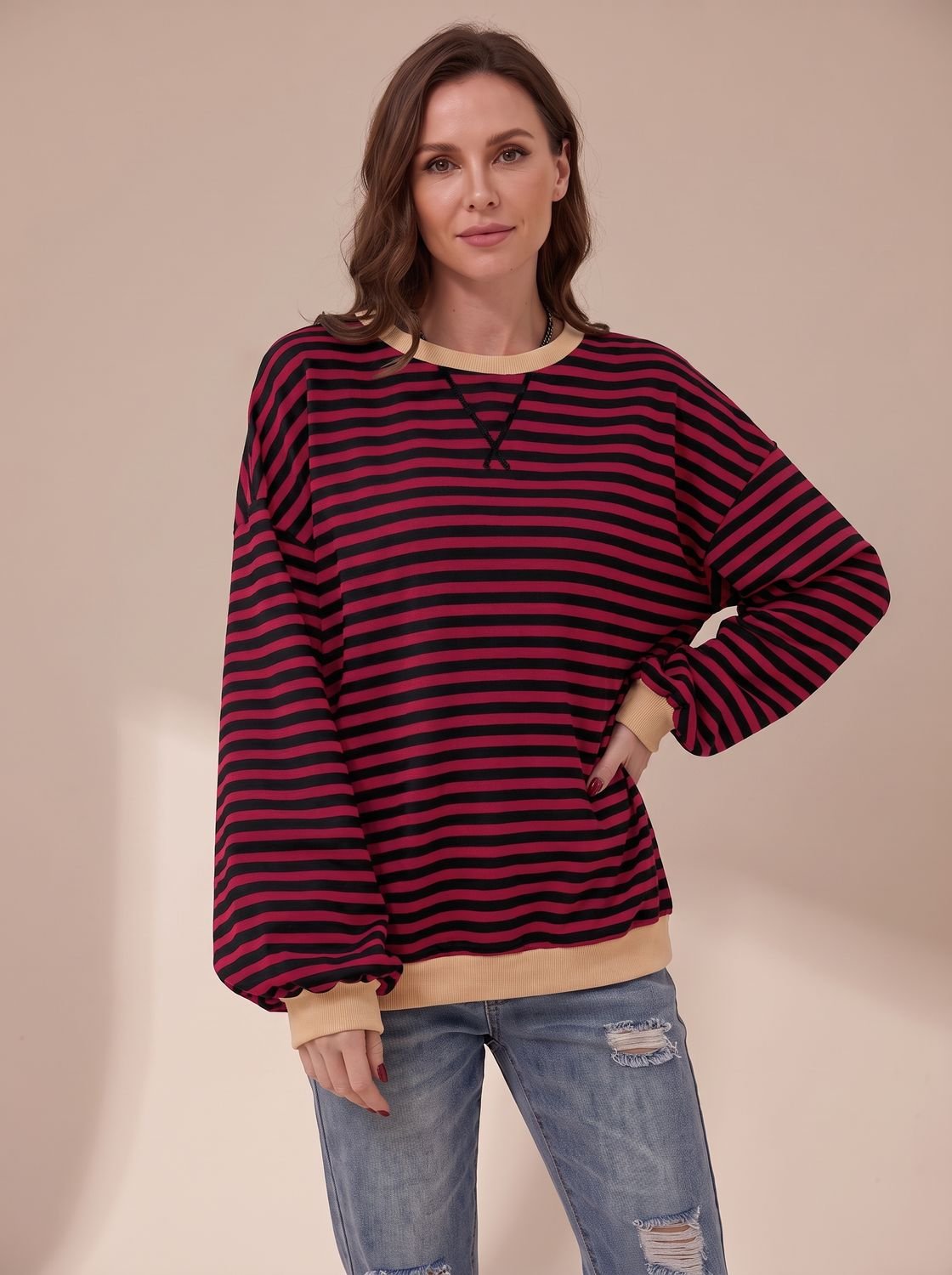 Oversized retro-sweatshirt til kvinder med striber og rund hals