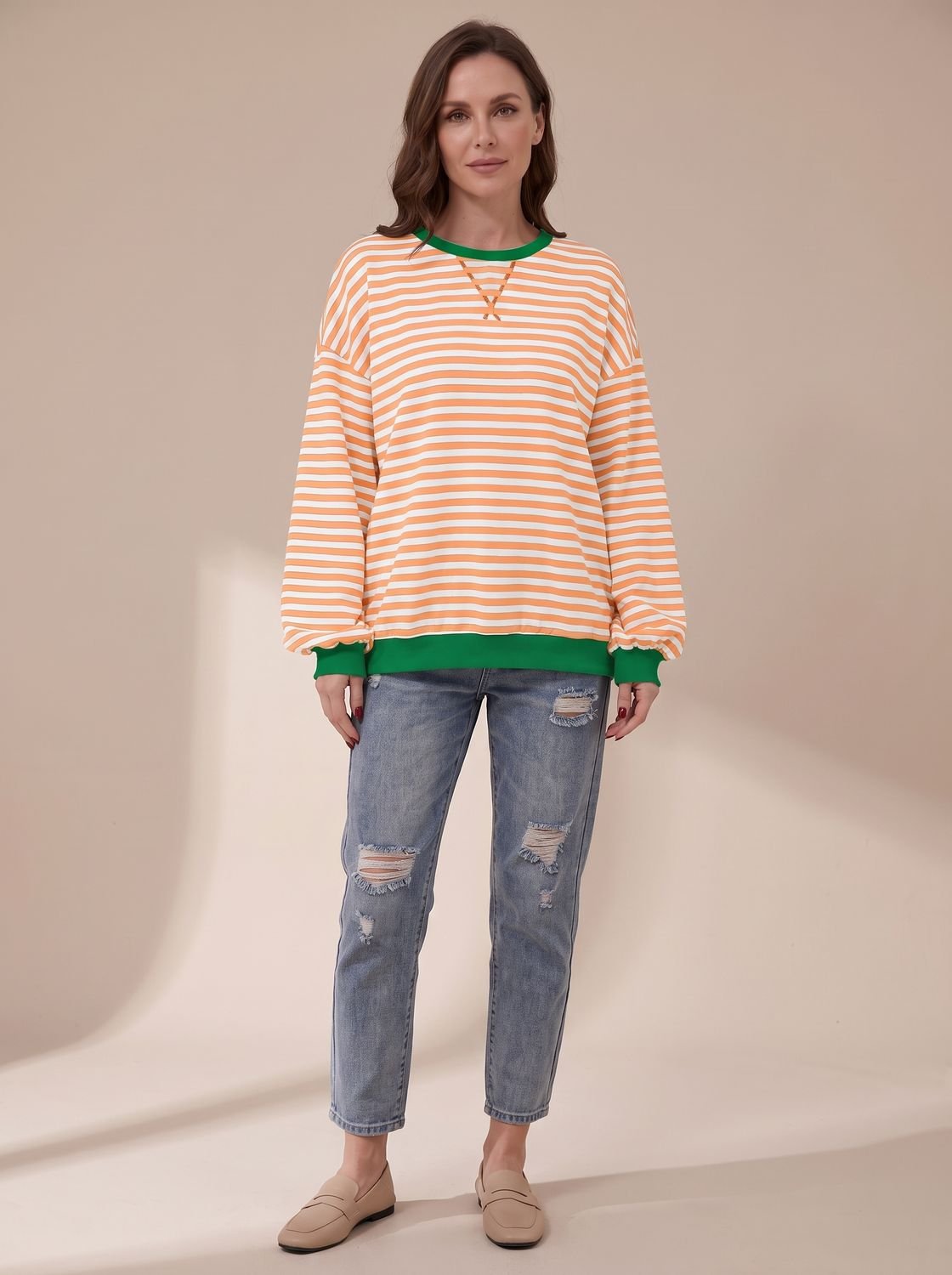 Oversized retro-sweatshirt til kvinder med striber og rund hals