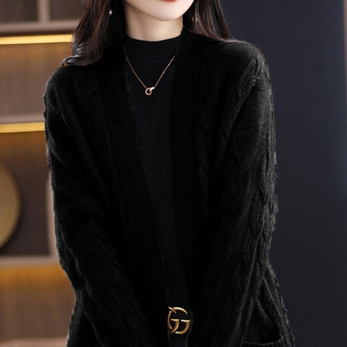 Dames oversized strikket cardigan med striber, lang model og åben front