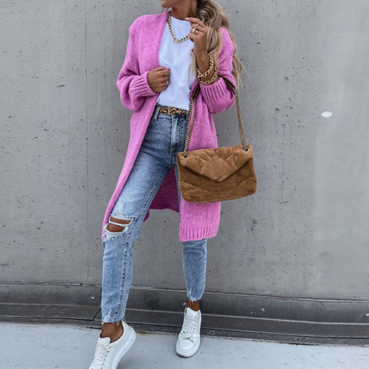 Dames lang cardigan-sweater med åben front og afslappet pasform