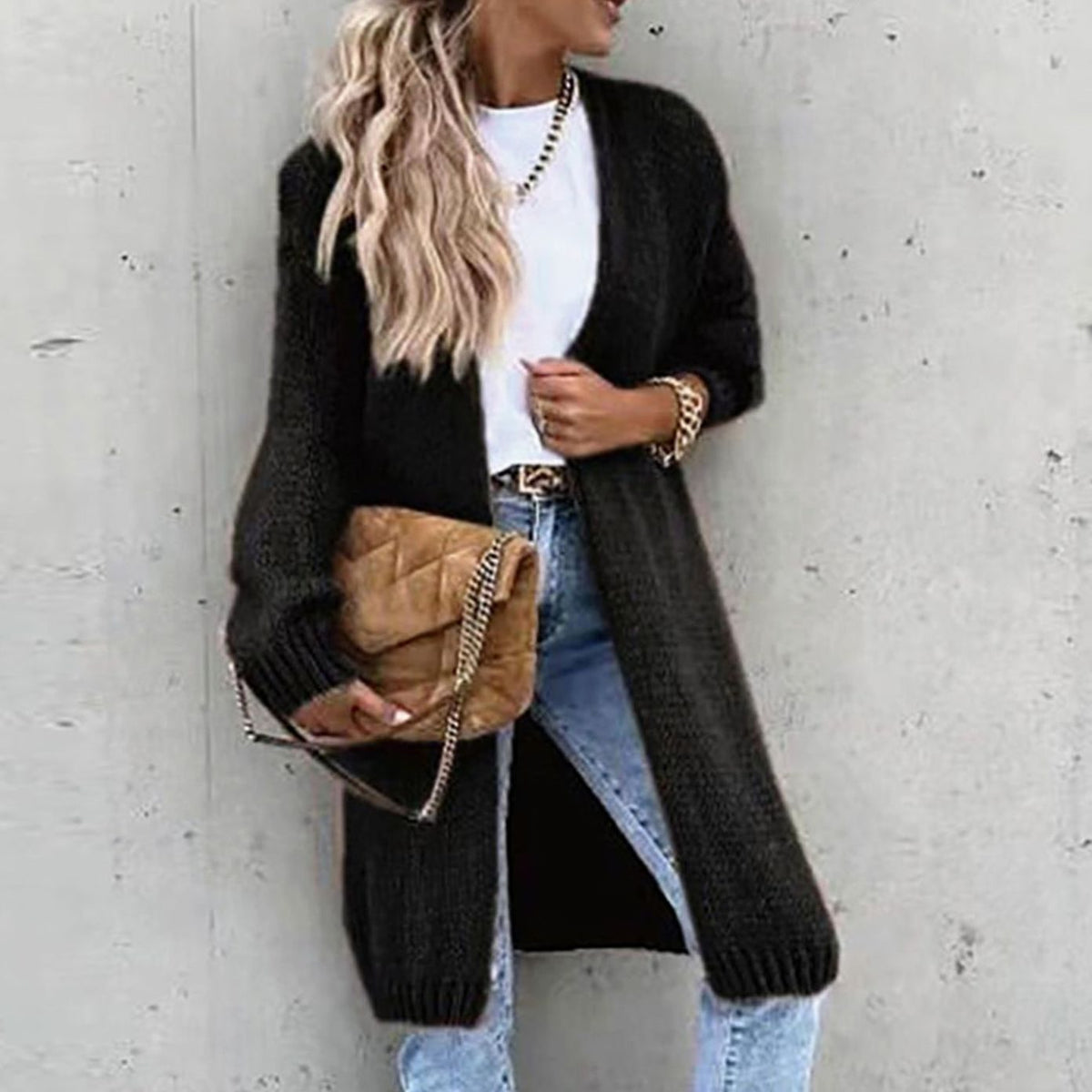 Dames lang cardigan-sweater med åben front og afslappet pasform