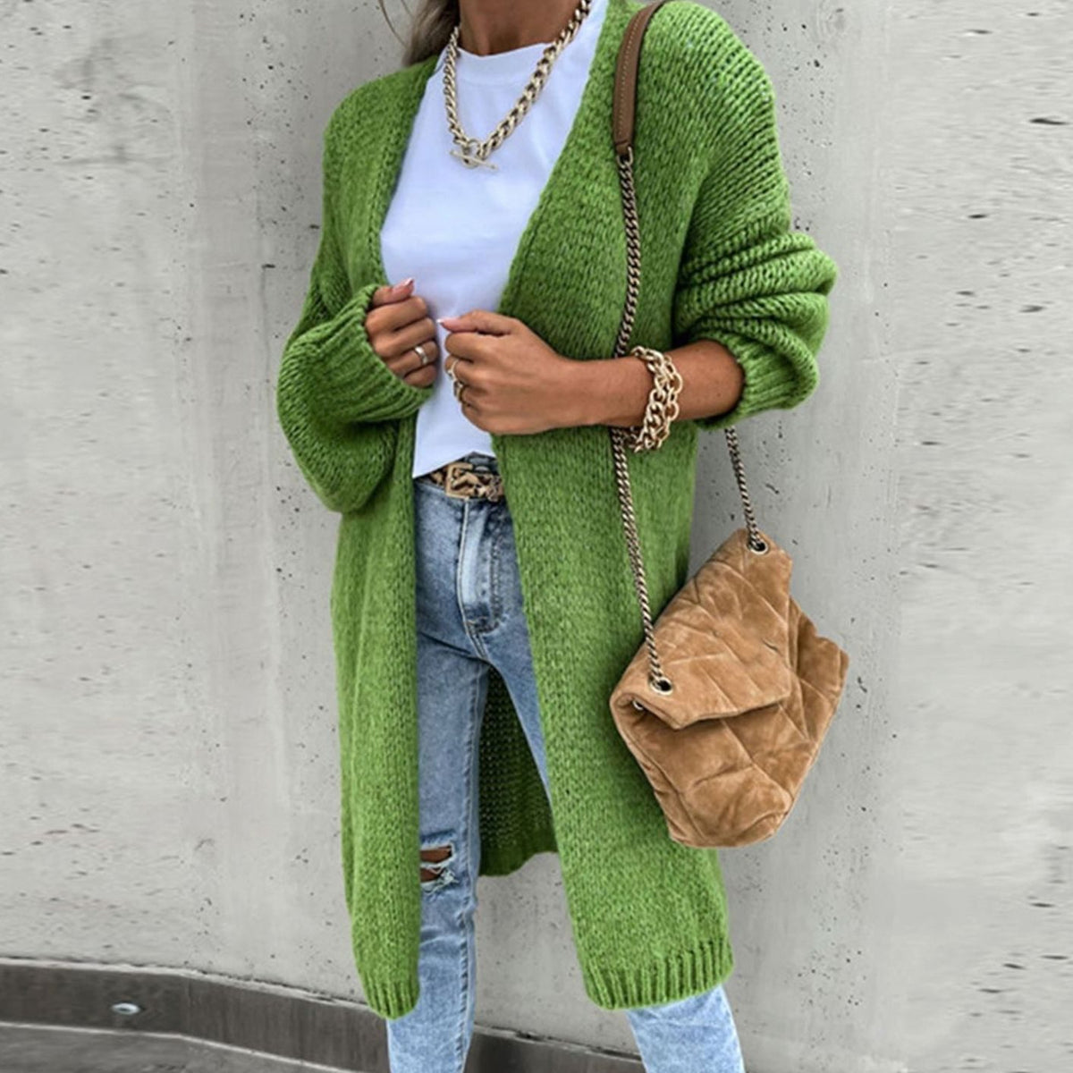Dames lang cardigan-sweater med åben front og afslappet pasform