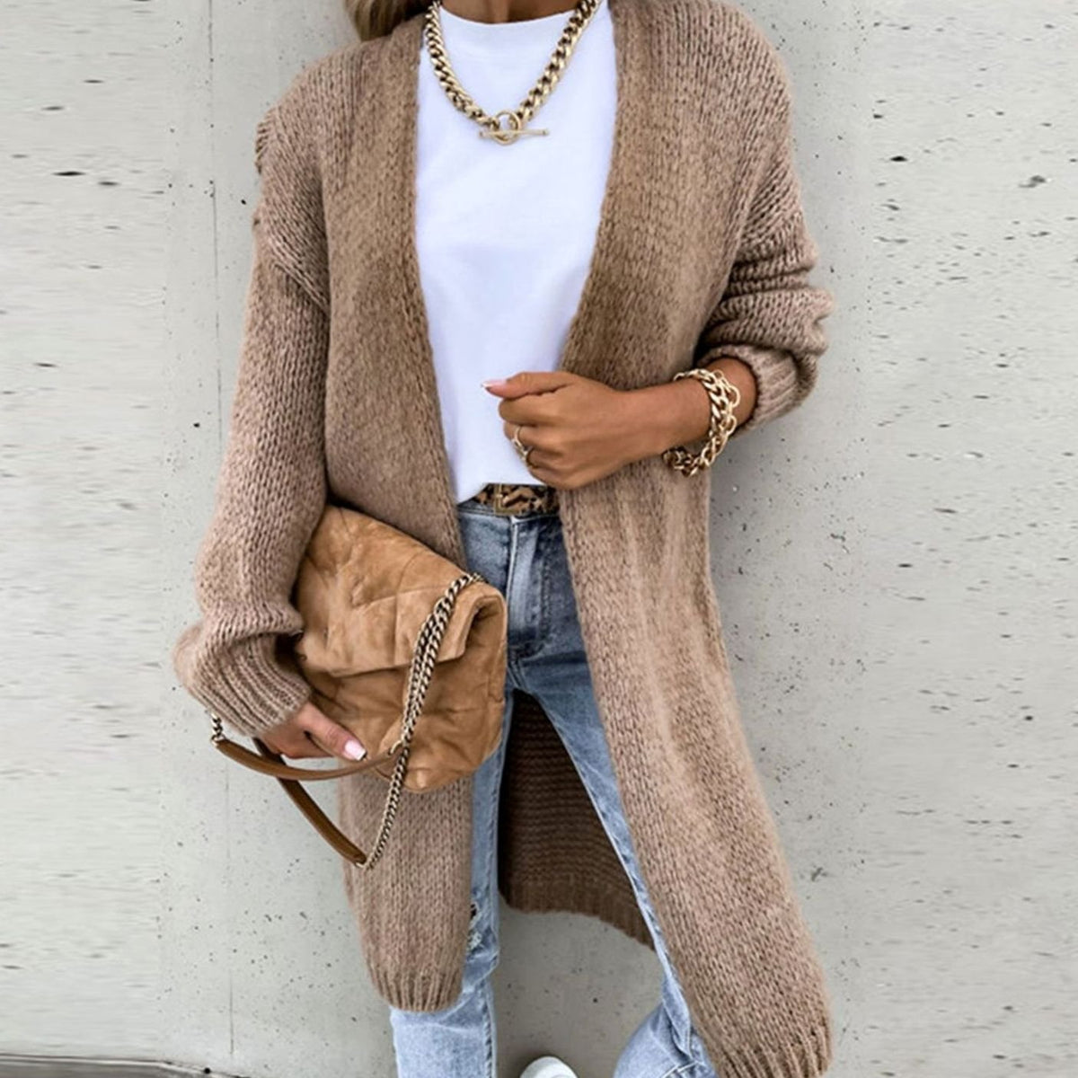 Dames lang cardigan-sweater med åben front og afslappet pasform