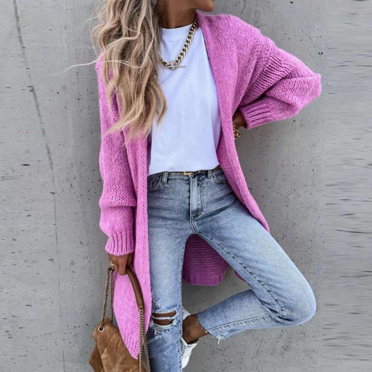 Dames lang cardigan-sweater med åben front og afslappet pasform