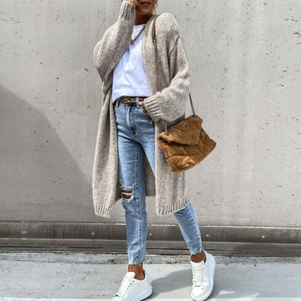 Dames lang cardigan-sweater med åben front og afslappet pasform