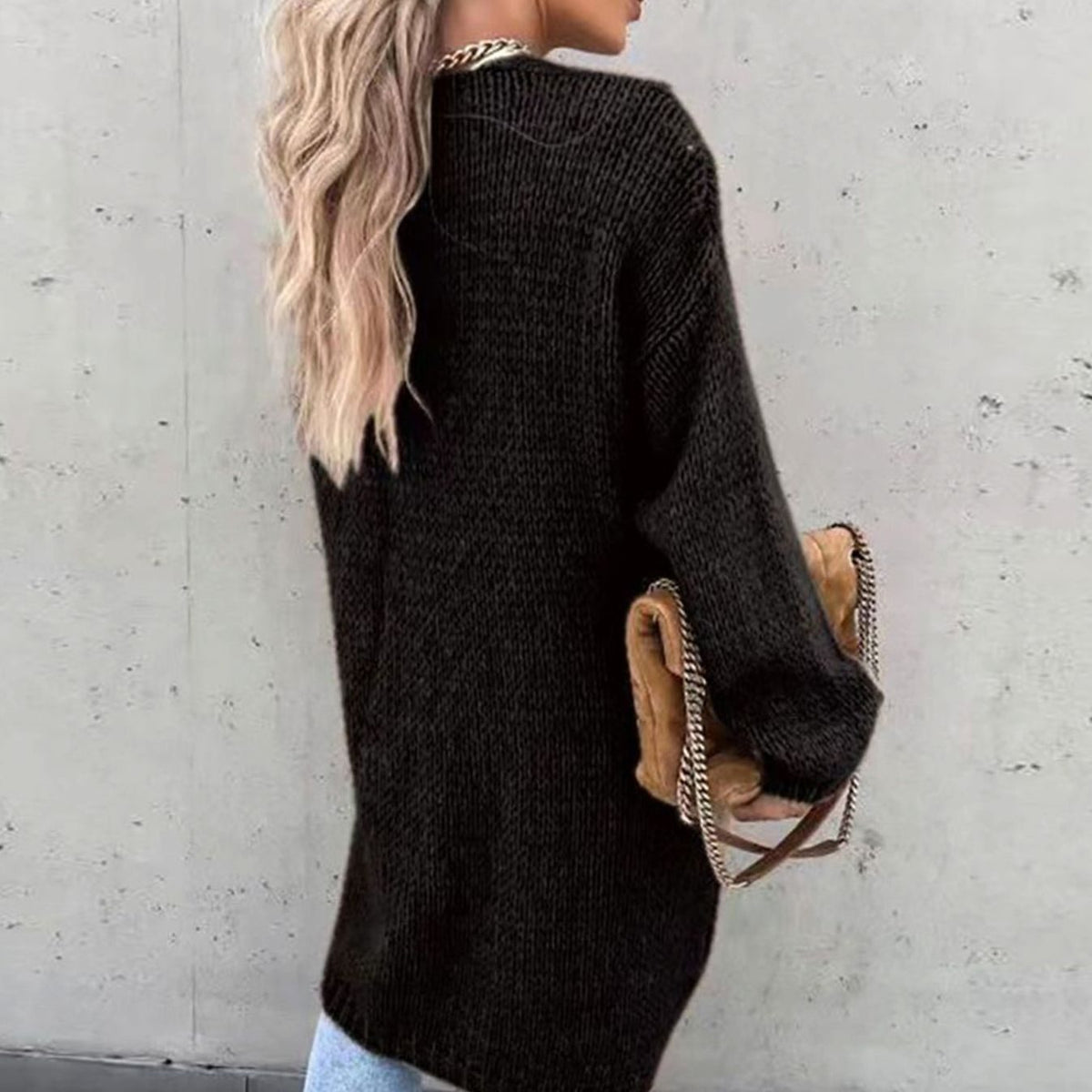Dames lang cardigan-sweater med åben front og afslappet pasform