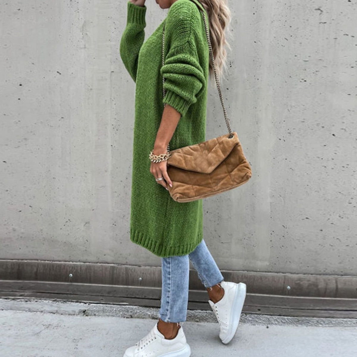 Dames lang cardigan-sweater med åben front og afslappet pasform
