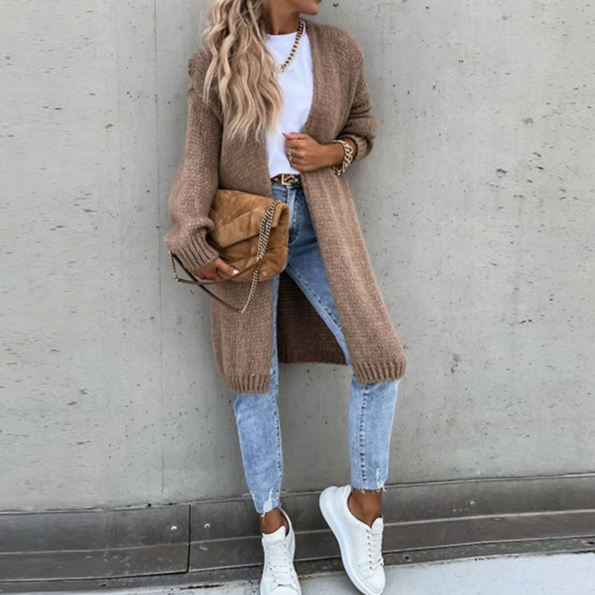 Dames lang cardigan-sweater med åben front og afslappet pasform