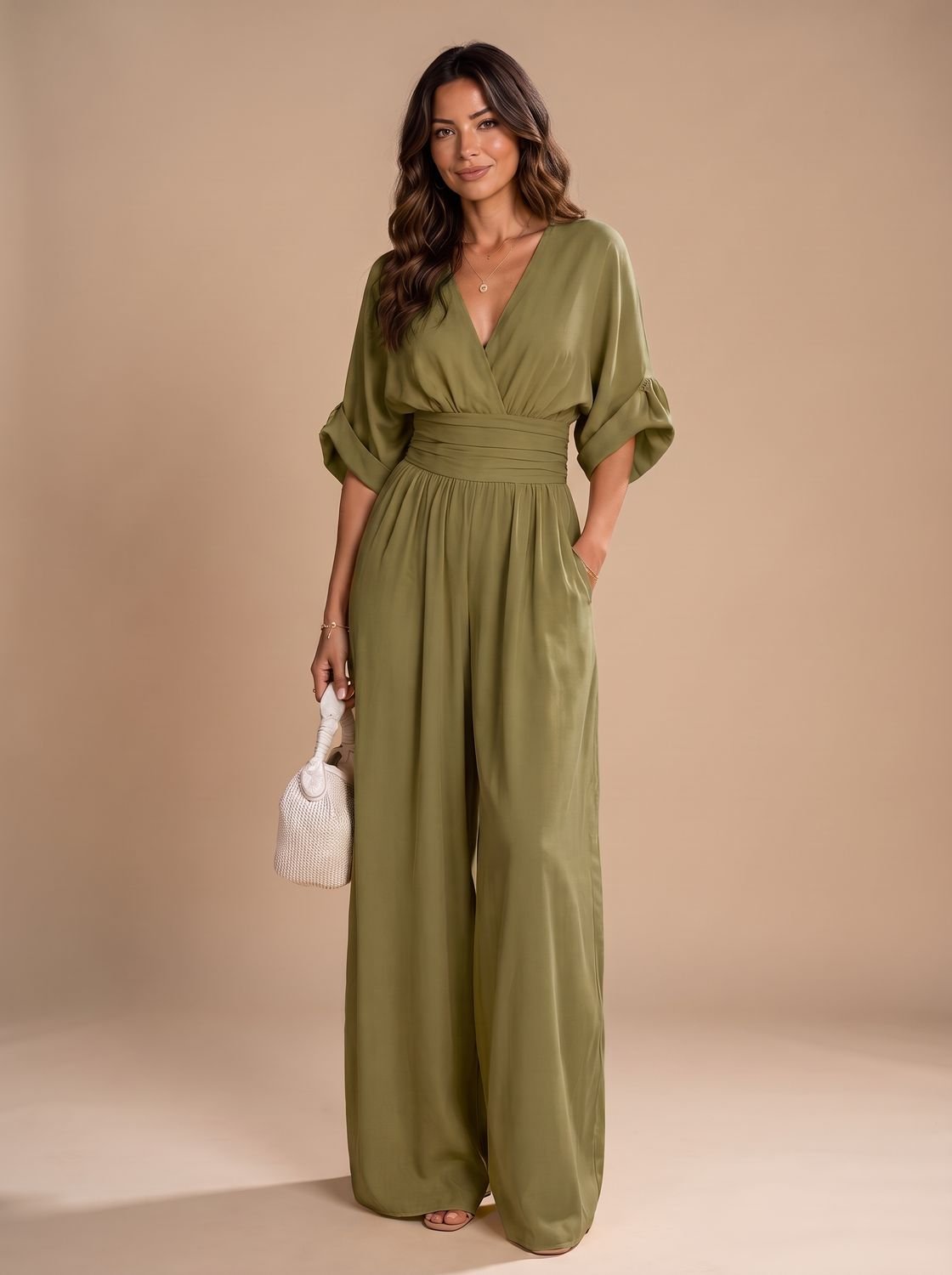 Retro jumpsuit til kvinder med V-hals og brede ben