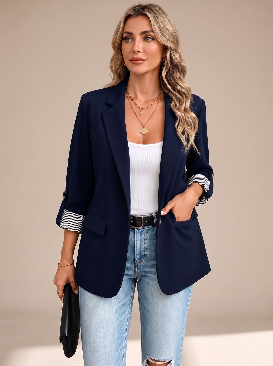 Γυναικείο σακάκι με ριγέ μανσέτες, αναδιπλούμενα μανίκια και απαλή ραφή