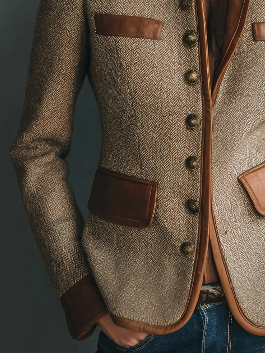 Dámská vintage tvídová bunda s rybí kostrou a koženými detaily