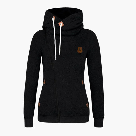 Damehoodie med lynlås og hætte med snøre