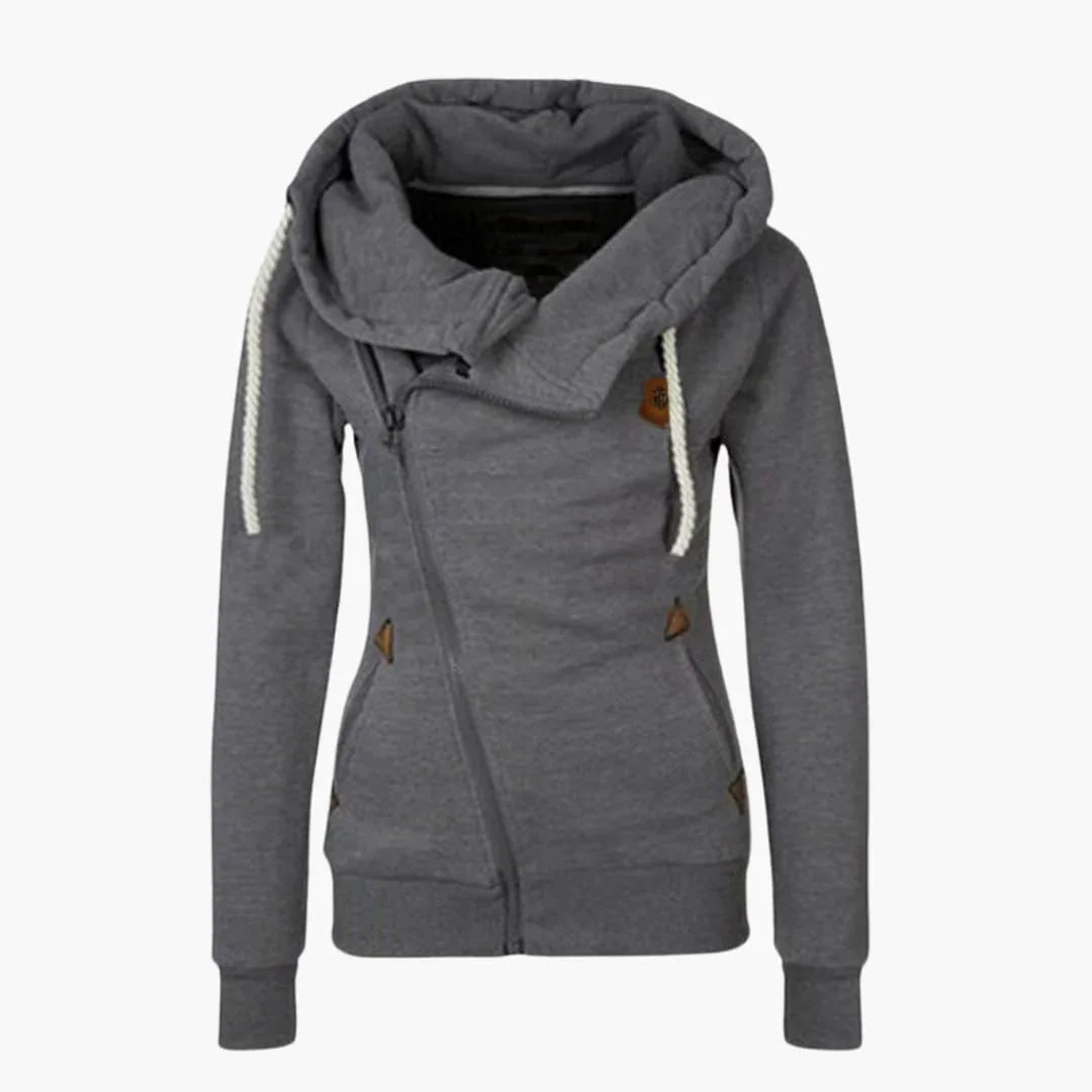Damehoodie med lynlås og hætte med snøre