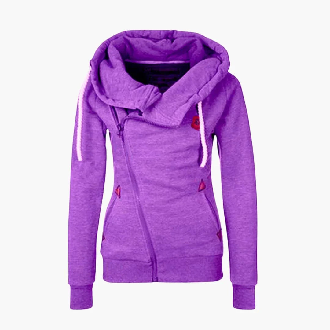 Damehoodie med lynlås og hætte med snøre