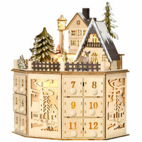 Dřevěný adventní kalendář - 24 přihrádek s teplým LED světlem a vánoční atmosférou