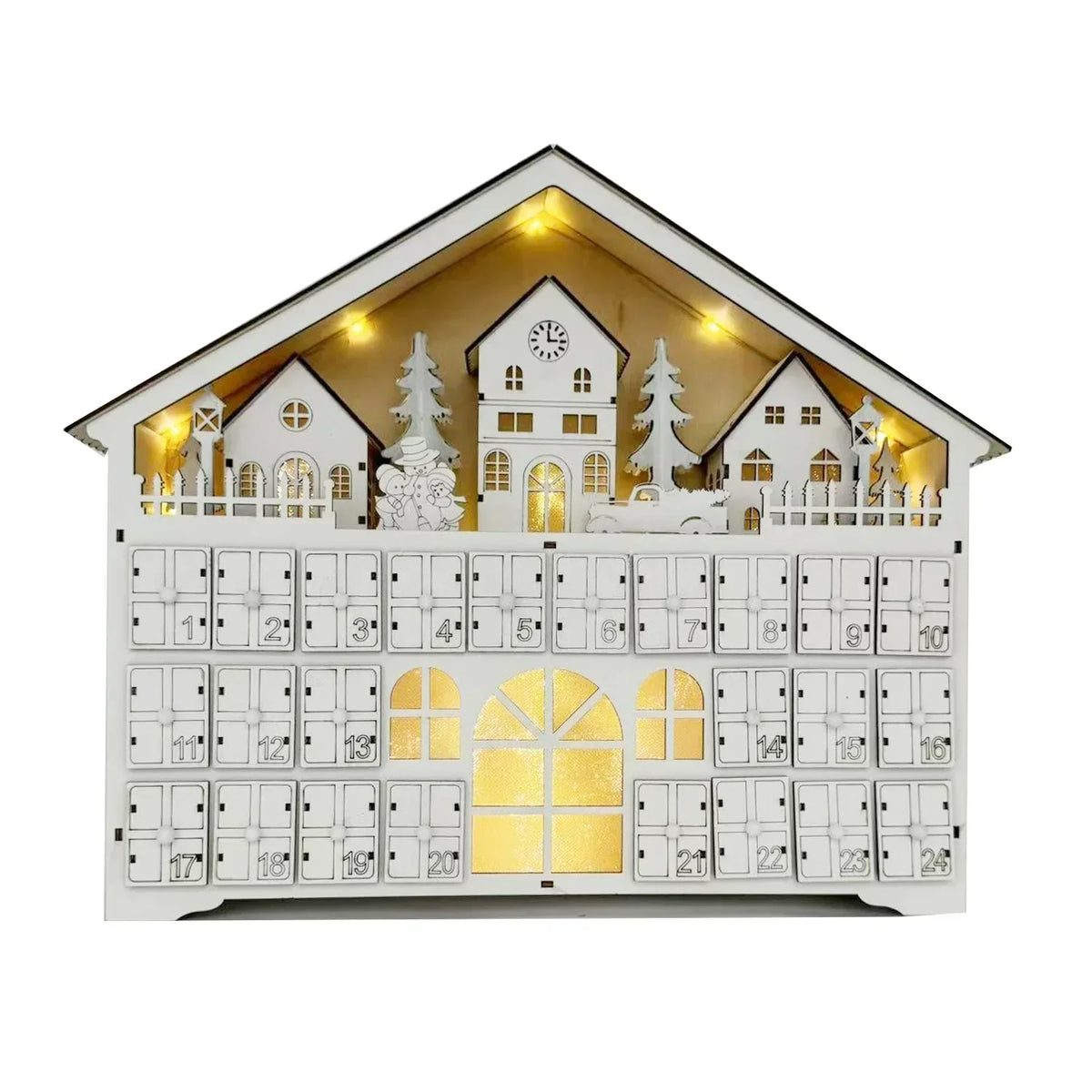 Dřevěný adventní kalendář - 24 přihrádek s teplým LED světlem a vánoční atmosférou