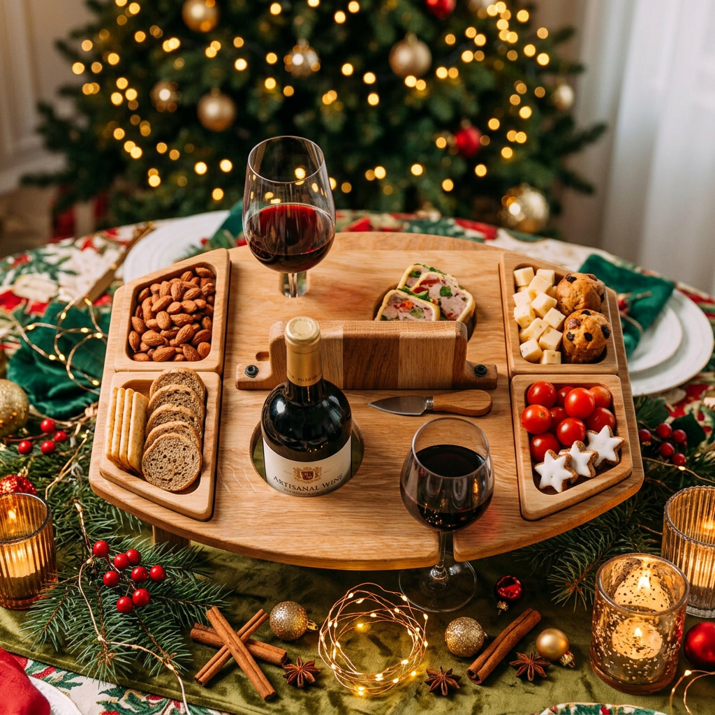 Serveringsbræt i træ til jul med holdere til vin og snacks